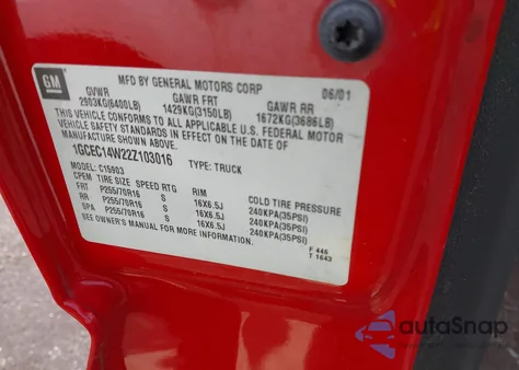 2002 Chevrolet Silverado 1500 из США, поврежденный, VIN 1GCEC14W22Z103016